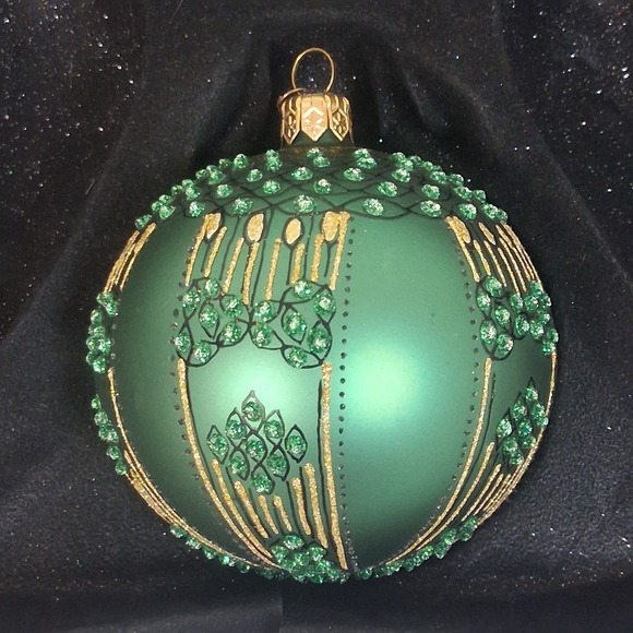 2 Vintage Dept 56 Poland Glass Ornaments Green Gold Glitter Embellished Elegant - Picture 5 of 16